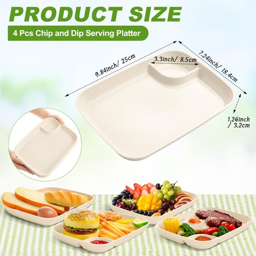Rtteri 4 Pcs Chip and Dip Serving Platter Set Large Plastic Divided Party Tray Snack Plates 9.84 x 7.28 x 1.26 Inches Reusable Serving Platter Dumpling Plate with Sauce Compartment for Buffet Parties