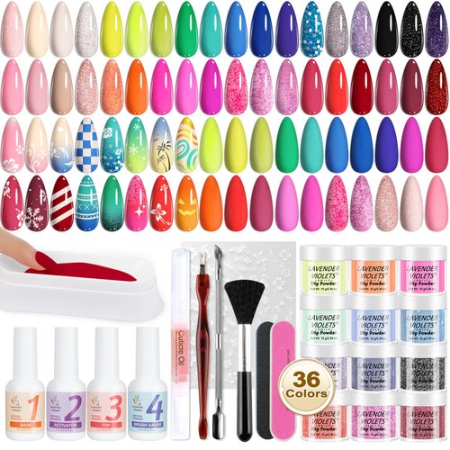 Lavender Violets 48 Pcs Dip Powder Nail Kit Starter, 36 Colors Dipping Powder with Dip Powder Liquid Set and Dips Manicure Tools for Acrylic Dip Nail Art Designs B950