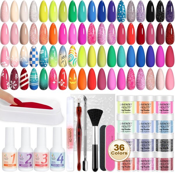 Lavender Violets 48 Pcs Dip Powder Nail Kit Starter, 36 Colors Dipping Powder with Dip Powder Liquid Set and Dips Manicure Tools for Acrylic Dip Nail Art Designs B950