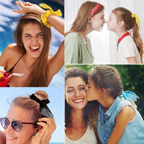 Bow Scrunchies For Hair, 15Pcs Chiffon Scrunchies Silk with Bow, Youth Bright Color Scrunchies Ponytail Holder, Hair Ties Ropes, Rabbit Bunny Ear BowKnot Scrunchies Hair Accessories for Girl Teens
