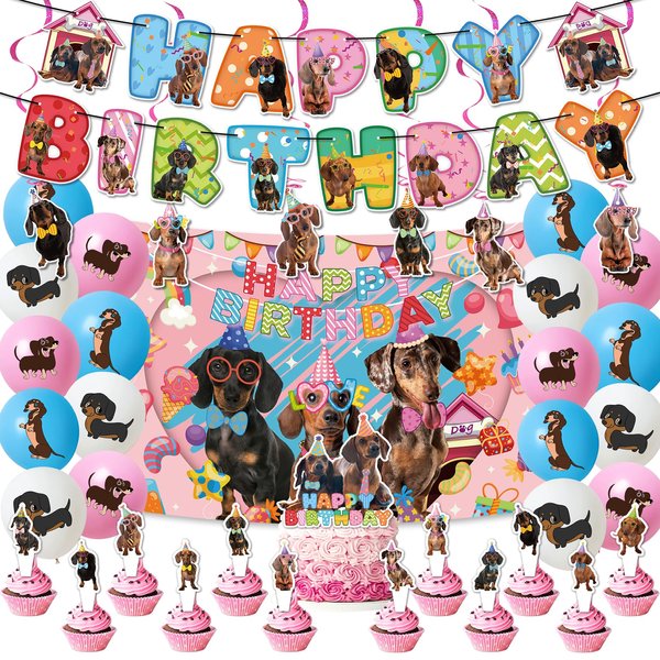 Dachshund Party Decorations Dachshund Birthday Party Supplies Includes Dachshund Birthday Banner Backdrop Spirals Cupcake Toppers Cake Topper Balloons for Funny Dachshund Decor