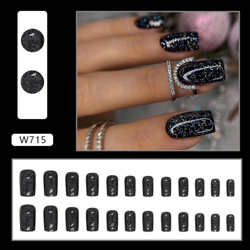 Black Press on Nails Medium Square Fake Nails Glossy False Nails With Glitter Designs Full Cover Stick on Nails Coffin Acrylic Artificial Nails Glue on Nails for Women Nail Art Decorations 24Pcs