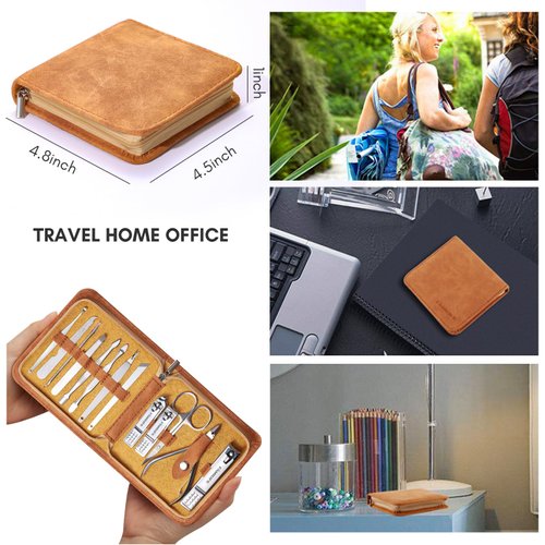 FAMILIFE Manicure Set, Nail Professional Kit Manicure Kit Nail Clipper Set, 13PCS Stainless Steel Nail Care Kit Pedicure Set Mens Grooming Kit, Mens Manicure Set with Brown Leather Travel Case for Men