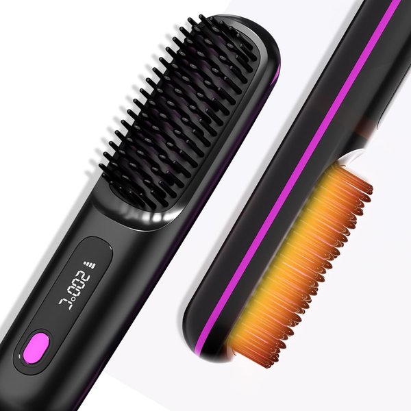 Portable Cordless Hair Straightener Brush with LED Temperature Display, Mini Negative Ion Cordless Hair Straightener Brush with 2 Hair Clips+1 Comb, Carrying Pouch, Easy to Carry for Traveling