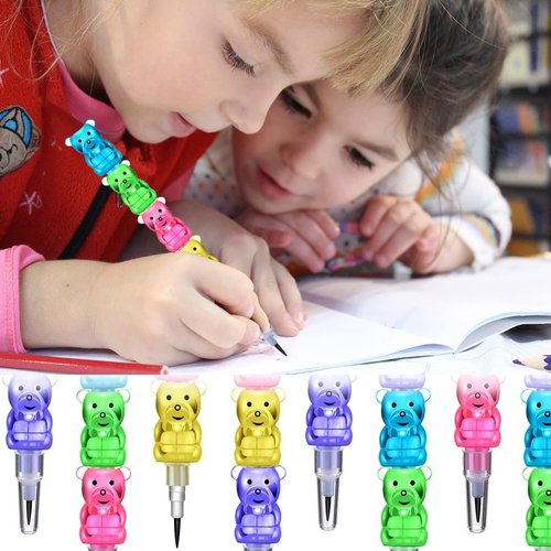 BieFuDan 30 Pieces Stackable Bear Pencils, Kids Plastic Bear Shaped Stacking Pencil, Pencils for Kids，5 in 1 Point Pencils for Birthday Party Supplies School Fun Equipment