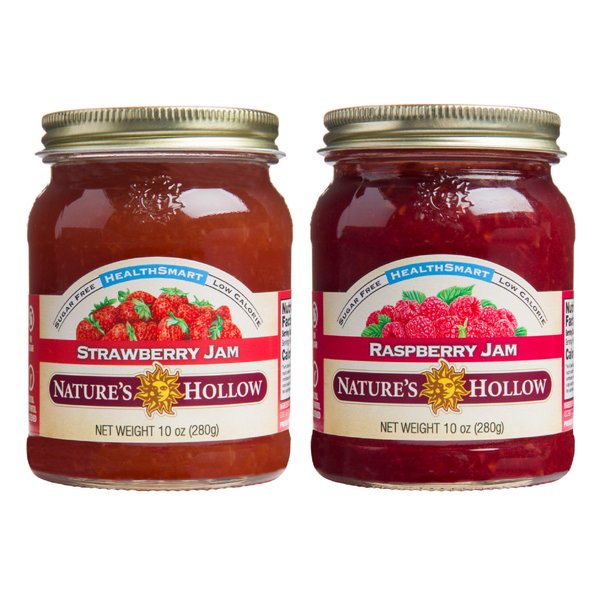 Nature's Hollow Strawberry Jam and Raspberry Jam: Sugar Free Preserves, Low Cal, Non GMO, Keto Friendly, Vegan, Gluten Free, and Diabetic Friendly - Sugar Free Jam - 10oz Pack of 2