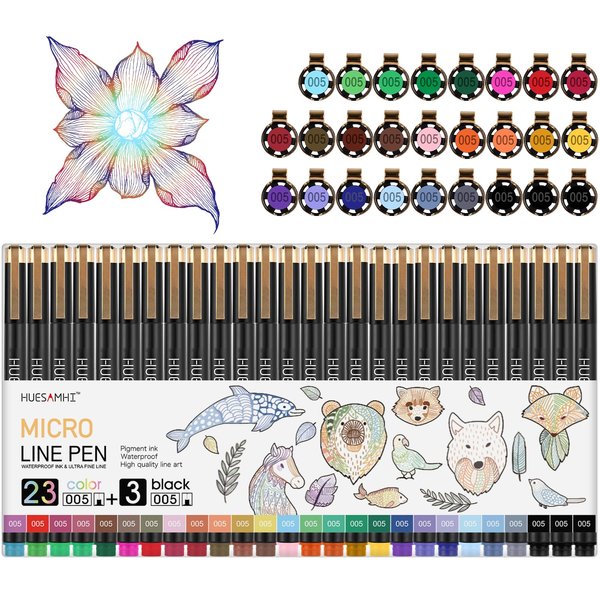 huesamhi 005 Micro Pen 23 Colors and 3 Black 0.20mm Fine Tip Waterproof Ink FineLiner Pens for Art Illustration Sketching, Anime Bullet Journal and Technical Drawing