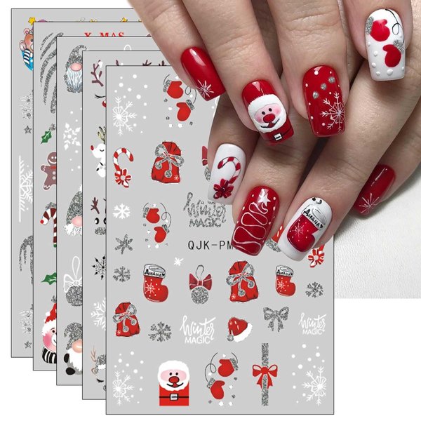 JMEOWIO 10 Sheets Glitter Christmas Nail Art Stickers Decals Self-Adhesive Pegatinas Uñas Snowflake Xmas Winter Holiday Cute Red Santa Nail Supplies Nail Art Design Decoration Accessories