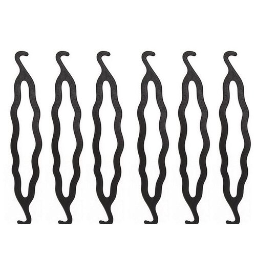 6Pcs Black Resin Double-end Hook Hair Bun Makers Foldable Anti-slip Hair Donut Shapers Hair Roll-up Updo Braiding Tools Insert Pads Holders for Women Girls Hair Styling