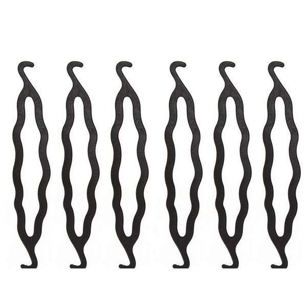 6Pcs Black Resin Double-end Hook Hair Bun Makers Foldable Anti-slip Hair Donut Shapers Hair Roll-up Updo Braiding Tools Insert Pads Holders for Women Girls Hair Styling