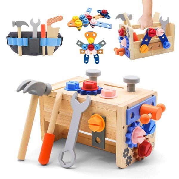 JadeLink Kids Tool Set with Tool Belt 39 PCS Wooden Tool Set for Kids 3 4 5 Years Old, Montessori Toys Educational Toddler Pretend Play Learning STEM Toys, Gift for 3+ Years Old Boy Girl