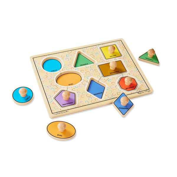 Melissa & Doug Deluxe Jumbo Knob Wooden Puzzle - Geometric Shapes (8 pcs) - Wooden Peg Chunky Baby Puzzle, Preschool Learning Puzzle, Wooden Puzzle Board For Toddlers Ages 1+