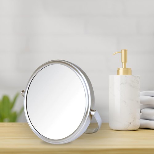 Model's Choice Two-Sided Tabletop Makeup Mirror - Makeup Mirror with 5X Magnification & Swivel Design - Portable 5.5-Inch Diameter Mirror in Nickel Finish - Model MC109N