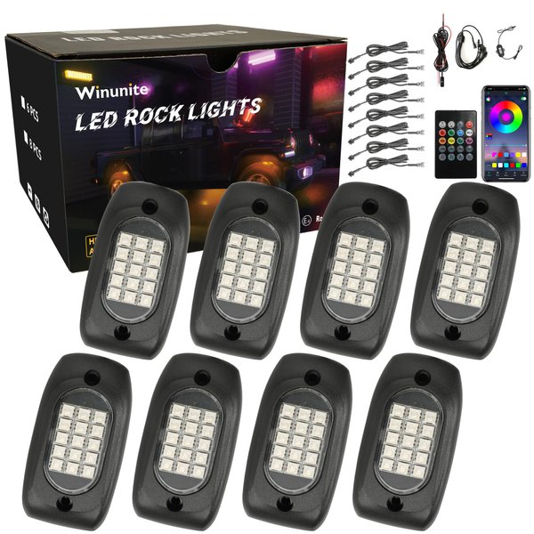 Winunite 8 Pods RGB LED Rock Lights 12V with Wires,120 LEDs Waterproof Music Mode APP/Remote Control Multicolor LED Underglow Light Kit Wheel Well Lights for Off Road Trucks SUV ATV UTV Trailer Boats