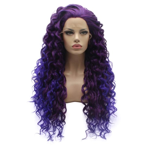 Lushy Long Curly Two Tone Ombre Purple Root Light Purple Wig Half Hand Tied Heat Friendly Synthetic Lace Front Wig