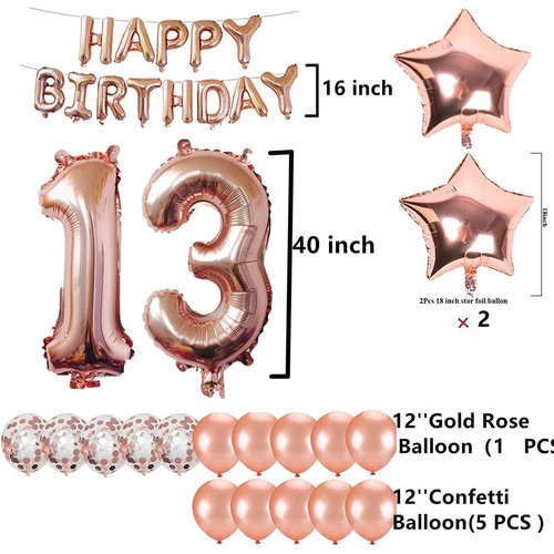 13th Birthday Decorations Party Supplies, Jumbo Rose Gold Foil Balloons for Birthday Party Supplies,Anniversary Events Decorations and Graduation Decorations Sweet 13 Party,13th Anniversary