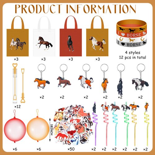 Foilswirl 172Pcs Horse Birthday Party Favors Supplies Non Woven Bags Rubber Wristbands Bubble Wands Straws Punch Balloons Sticker Horse Gifts for Horse Pinata Western Cowboy Themed Parties