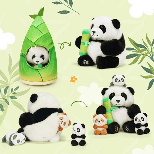 OUOZZZ Panda Stuffed Animals with 3 Babies Inside Panda Bear Plush Toys with 19" Bamboo Shoot Bag - Gift Present Toys for Girls Boys Kids Toddler
