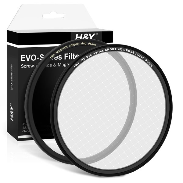 H&Y EVO Series 95mm Star Filter Short 4X Cross Screen Starburst Lens Filter Kit 4 Points Screw in and Magnetic Lens Filter 2 in 1 with Magnetic Adapter Ring