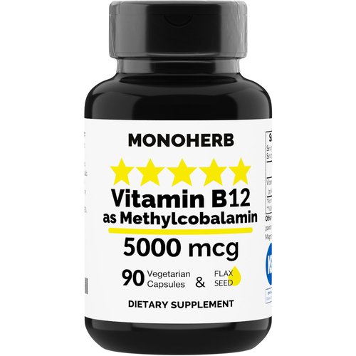 MONOHERB Vitamin B12 Methylcobalamin 5000 mcg - 90 Vegetarian Capsules - B12 Methyl