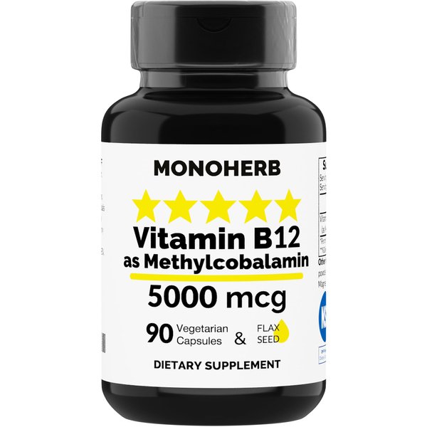 MONOHERB Vitamin B12 Methylcobalamin 5000 mcg - 90 Vegetarian Capsules - B12 Methyl