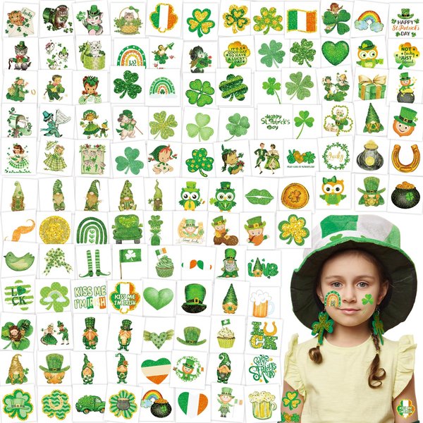 St. Patrick's Day Tattoos Temporary Glitter 150PCS Saint Patricks Day Face Stickers St Patty's Day St Patricks Accessories Shamrock Decorations Gifts for Kids Party Favors