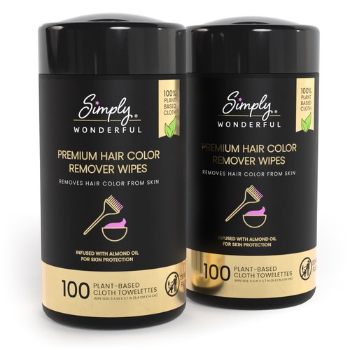 Simply Wonderful Hair Color Remover Wipes for Face & Skin - 100 Count Plant-Based Cloth Towlettes, Non-Irritating Almond Oil Infused for Skin Protection, (Pack of 2)