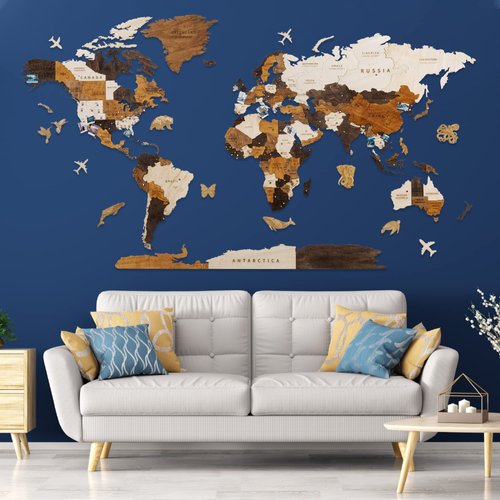 HYPERI 3D Wooden World Map Wall Decor, Multicolor Travel Map with Pins, Mapa Del Mundo Para Pared, Places I've Been Map Art, Father's Day Gifts for Dad, Travelers, Men, Women (Medium)