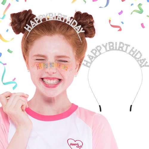 Outyua Happy Birthday Headband Birthday Girl Crown Silver White Birthday Tiara Hairband Hair Accessories for Women