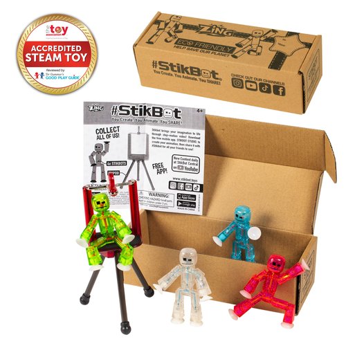 Zing Stikbots, Set of 4 Clear Stikbot Poseable Action Figures and Mobile Phone Tripod, Stop Motion Animation Toys, Great for Kids Ages 4 and Up