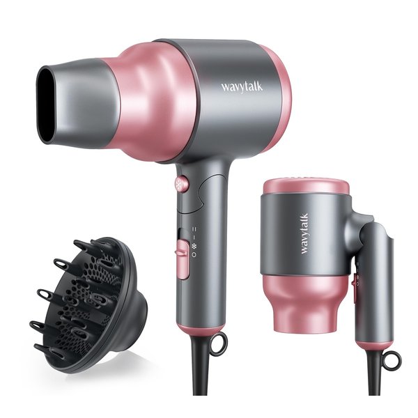 Wavytalk Portable Hair Dryer with Diffuser, Foldable Mini Hair Dryer with Lightweight Design, 1600W Small Hair Blow Dryer with Diffuser for Curly Hair Fast Drying, Rose Pink
