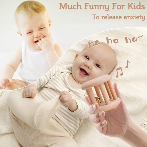 Wooden Baby Toys for Babies 0-6 Mounths, Wooden Rattles Grasping Toys Set, Montessori Wood Baby Push Car and Handbells，Interlocking Dics Toys, Wooden Toy for Newborn Infant Baby Gifts, 5 PCS