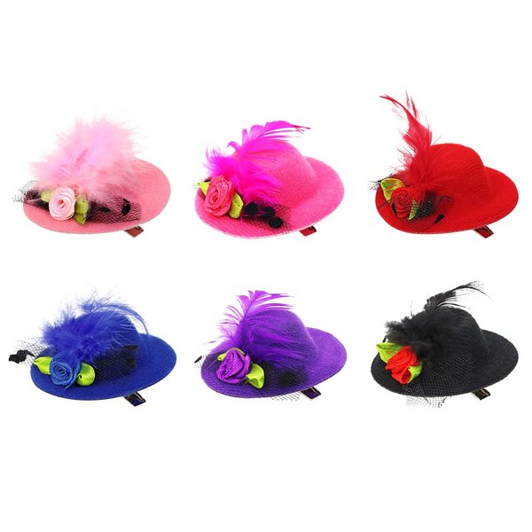 PENTA ANGEL Mini Hat Clip 6Pcs Small Tea Party Top Hat Fascinator Hair Barrette Pin with Ribbon Flower Faux Feather Mesh Bow for Women Girls Kids Birthday Costume Accessory (5.8cm, Mixed Color)