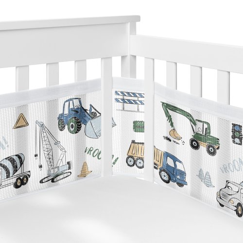 Sweet Jojo Designs + BreathableBaby Green Blue Construction Truck Boy Breathable Mesh Crib Liner Baby Infant Grey Transportation Zone Vehicles Bulldozer Cement Crane Tractor Black White