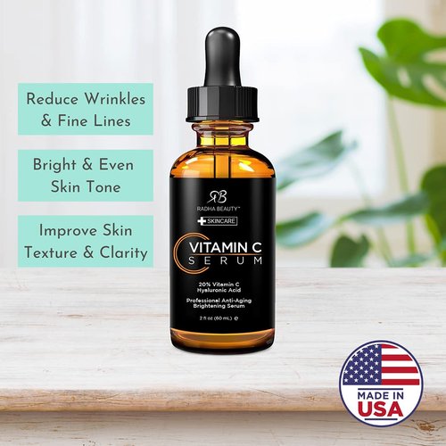 Radha Beauty Natural Vitamin C Serum 2oz, Vitamin C, Vitamin E, Hyaluronic Acid and Aloe, Facial Serum for Anti-Aging Wrinkles, Dark Spots, Fine Lines