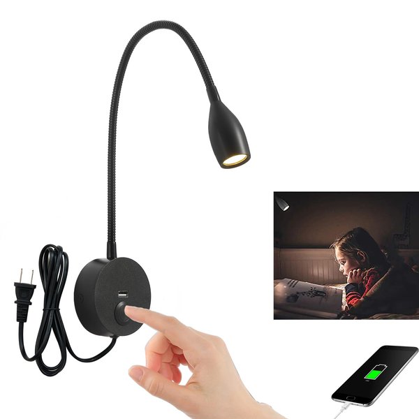 CRISETEK Touch Switch Dimmable Reading Light Wall Mounted Reading Light headboard Task Directional Gooseneck LED Light AC (120V) Powered 3W (Matte Black, Warm White)