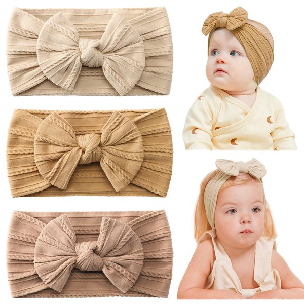 jollybows Baby Girl Headband Bows Nylon Head Wraps Newborn Hairbands Infant Toddler Hair Bow - Khaki Ginger Beige