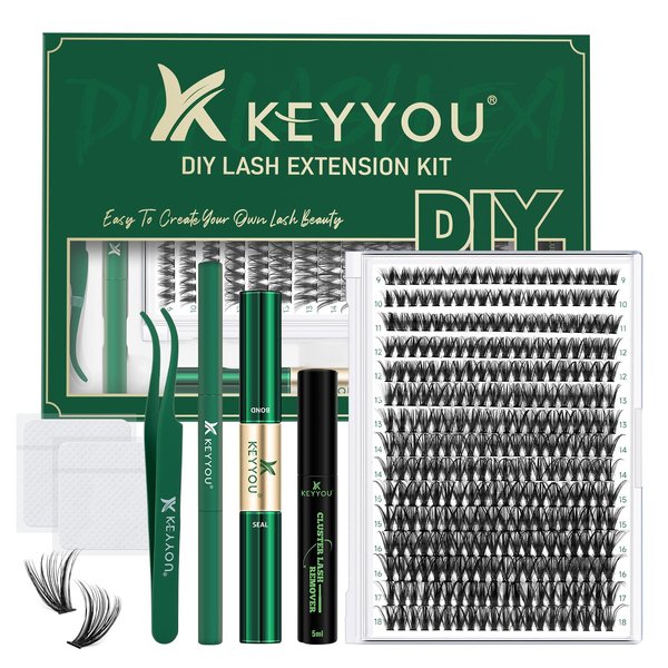 DIY Lash Extension Kit KEYYOU 300Pcs Individual Eyelash Extension Kit 40D 0.07D Curl 9-18MIX Lash Clusters Kit with Lash Glue Remover Applicator Easy to Use for Beginners(Kit-40D-0.07D,9-18MIX)