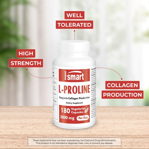 Supersmart - L-Proline 3000mg per Day (High Strength) - Normal Collagen Production - Amino Acid Proline Supplement | Non-GMO & Gluten Free - 180 Vegetarian Capsules