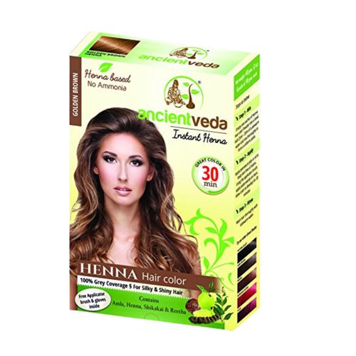 Ancientveda Henna Hair Color | Instant Henna with Applicator Brush & Gloves | Organic hair Nourishment color Peroxide free | Natural ingredients Safe for all hair types - (60 Grams - Golden Brown)