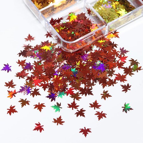 Maple Leaf Nail Art Glitters Fall Nail Sequins 3D Holographic Fall Nail Art Flakes 6 Grids Autumn Nail Glitter Sequins Laser Maple Leaves Nail Flakes for Women DIY Thanksgiving Nails Decoration Makeup