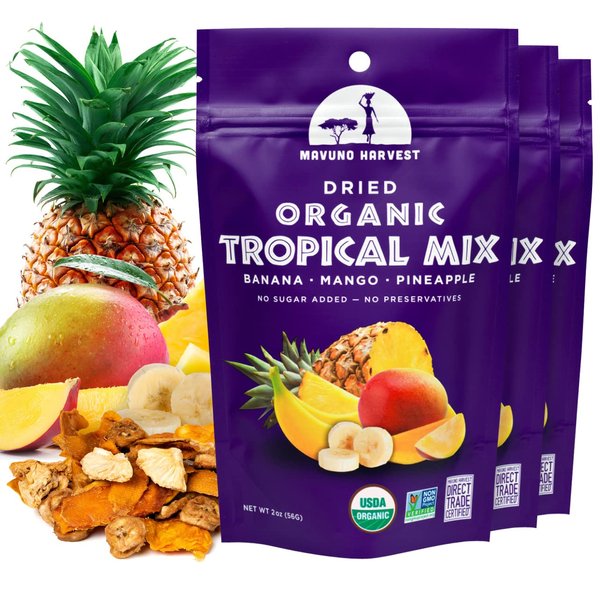 Mavuno Harvest Tropical Mix Dried Fruit Snack | Unsweetened Organic Mixed Dried Fruit | Gluten Free Healthy Snacks for Kids and Adults | No Sugar Added, Vegan, Non GMO | 2 Ounce, Pack of 3