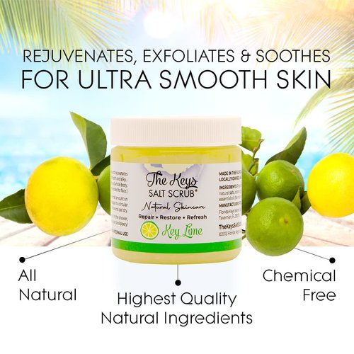 The Keys Sea Salt Scrub - Exfoliating Body Scrub with Wooden Spoon- Foot Scrub and Hand Scrub for men, women - Made with Pure Florida Sea Salt Organic Essential Oils & Nutrients (Key Lime, 3.4 oz).