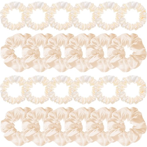 24 Pieces Satin Hair Scrunchies Silky Elastic Hair Bands Skinny Solid Hair Ties Ropes Ponytail Holder for Women Girls Hair Accessories Decorations, 2 Sizes (Cream White)