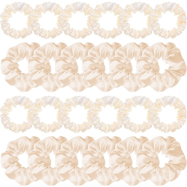 24 Pieces Satin Hair Scrunchies Silky Elastic Hair Bands Skinny Solid Hair Ties Ropes Ponytail Holder for Women Girls Hair Accessories Decorations, 2 Sizes (Cream White)