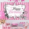 Paris Happy Birthday Backdrop Eiffel Tower Photography Background Paris Party Decorations Sweet Pink Stripes Birthday Party Supplies Party in Paris Dessert Table Decorations, 5.9 x 3.6 ft