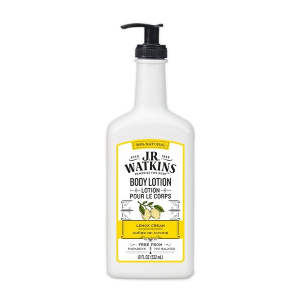 J.R. Watkins Daily Moisturizing Lotion – Body Cream in Pump Dispenser – Hydrating Skin Cream Made with Shea Butter, Cocoa Butter, Coconut Oil & Vitamin E, Lemon Cream, 18 fl oz