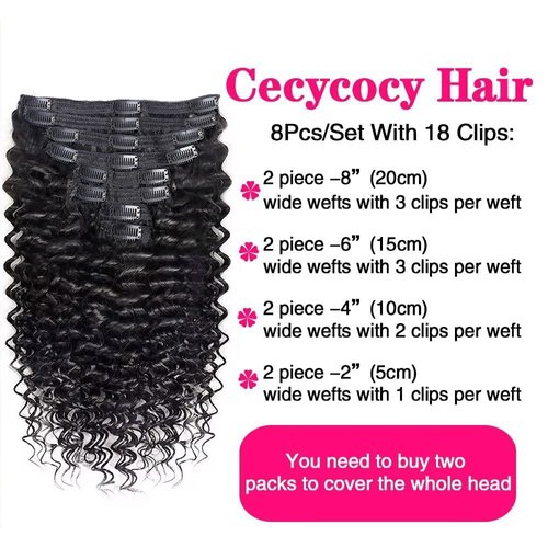 Cecycocy Deep Wave Clip in Hair Extensions Human Hair for Black Women - 8Pcs 18Clips Double Weft Brazilian Remy Human Hair Deep Wave Clip in Extensions Thick to Ends 120G/4.2oz Natural Black(22inch)