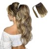 HOTBANANA Ponytail Extension Human Hair, 16 Inch Ponytail Extension Clip in Wrap Around Ponytail Hair Extension Walnut Brown to Ash Brown and Bleach Blonde Ponytail Hair Piece Human Hair Extension 75g
