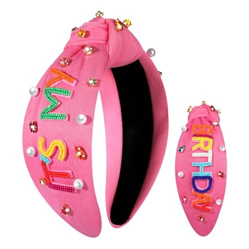 YAHPERN Birthday Headband for Women Beaded It’s My Birthday Knotted Headband Embellished Rhinestone Crystal Top Knot Headband Birthday Crown Hair Accessories Party Decorations Gifts (Rose Red)